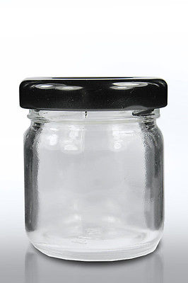 100 X 30ml small 1oz 28g MINI GLASS JARS BLACK LIDS Jam WEDDING FAVOURS HAMPERS